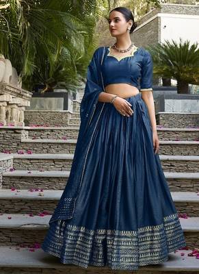 Navy blue Chanderi Plain With Zari Weaving Work Lehenga set with blouse and dupatta 3