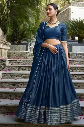 Navy blue Chanderi Plain With Zari Weaving Work Lehenga set with blouse and dupatta
