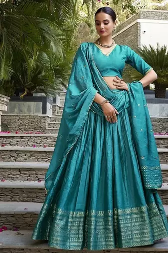 Sky blue Chanderi Plain With Zari Weaving Work Lehenga set with blouse and dupatta