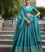 Sky blue Chanderi Plain With Zari Weaving Work Lehenga set with blouse and dupatta