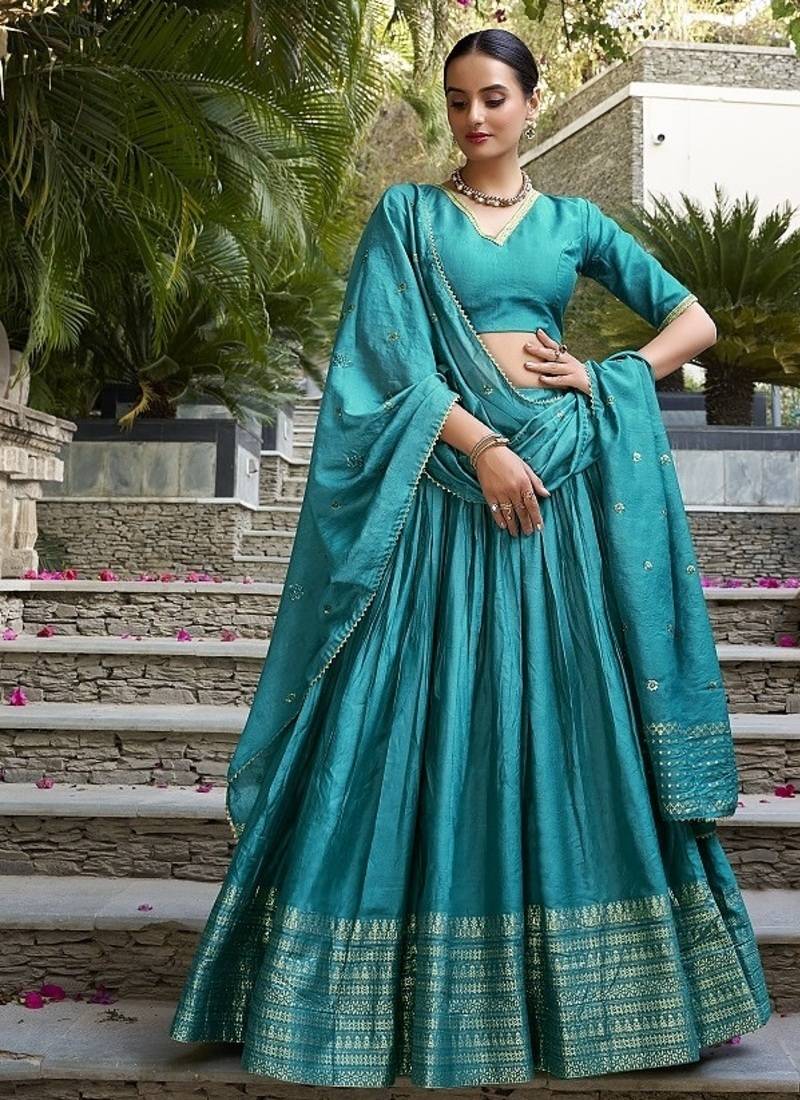 Sky blue Chanderi Plain With Zari Weaving Work Lehenga set with blouse and dupatta