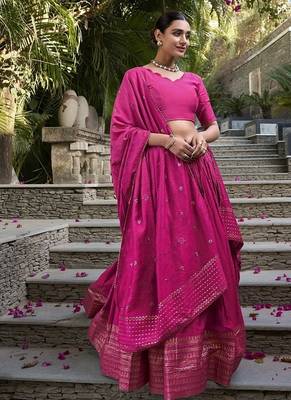 Rani pink Chanderi Plain With Zari Weaving Lehenga set with blouse and dupatta 2