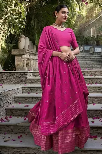 Rani pink Chanderi Plain With Zari Weaving Lehenga set with blouse and dupatta