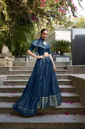 Navy blue Chanderi Plain With Zari Weaving Work Lehenga set with blouse and dupatta