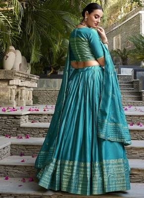 Sky blue Chanderi Plain With Zari Weaving Work Lehenga set with blouse and dupatta 2