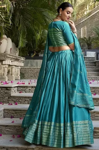 Sky blue Chanderi Plain With Zari Weaving Work Lehenga set with blouse and dupatta