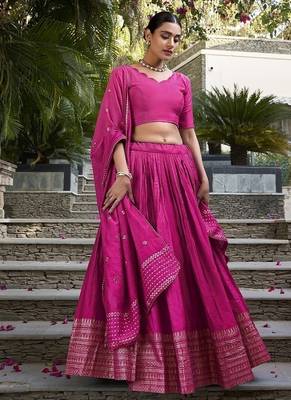 Rani pink Chanderi Plain With Zari Weaving Lehenga set with blouse and dupatta 3