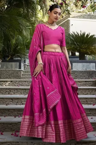 Rani pink Chanderi Plain With Zari Weaving Lehenga set with blouse and dupatta