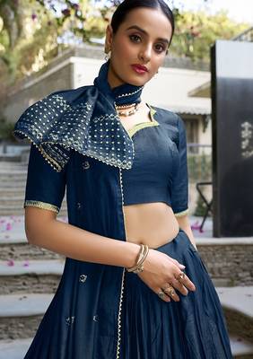 Navy blue Chanderi Plain With Zari Weaving Work Lehenga set with blouse and dupatta 5
