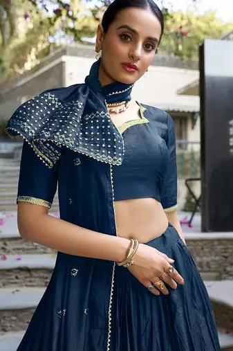 Navy blue Chanderi Plain With Zari Weaving Work Lehenga set with blouse and dupatta