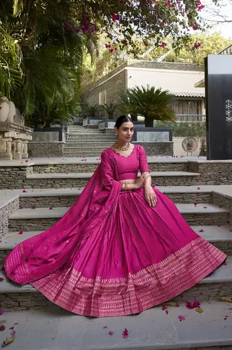 Rani pink Chanderi Plain With Zari Weaving Lehenga set with blouse and dupatta