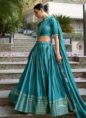 Sky blue Chanderi Plain With Zari Weaving Work Lehenga set with blouse and dupatta 3