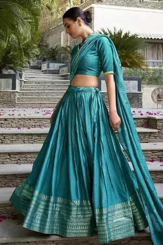 Sky blue Chanderi Plain With Zari Weaving Work Lehenga set with blouse and dupatta
