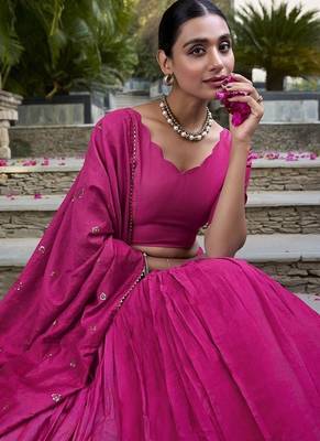 Rani pink Chanderi Plain With Zari Weaving Lehenga set with blouse and dupatta 5