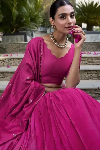 Rani pink Chanderi Plain With Zari Weaving Lehenga set with blouse and dupatta