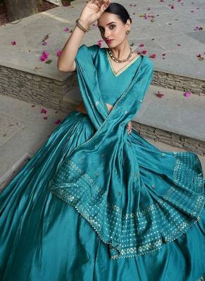 Sky blue Chanderi Plain With Zari Weaving Work Lehenga set with blouse and dupatta 4