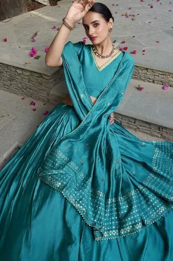 Sky blue Chanderi Plain With Zari Weaving Work Lehenga set with blouse and dupatta