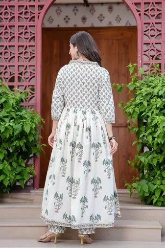 Women cotton printed v-nack 3/4 sleeves calf length flared kurta pant and dupatta set