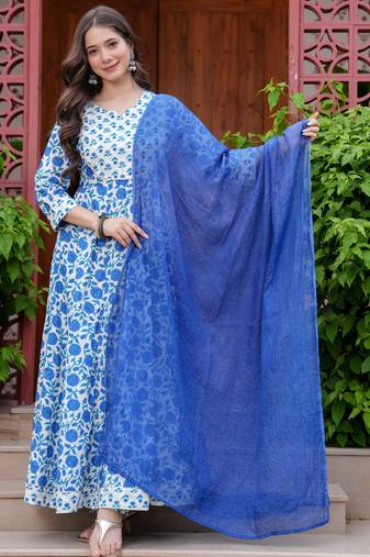 Women cotton printed round nack calf length flared kurta pant and dupatta set