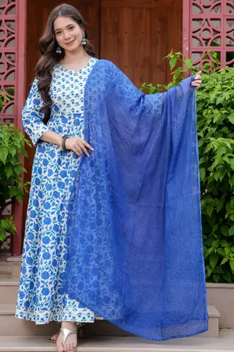 Women cotton printed round nack calf length flared kurta pant and dupatta set