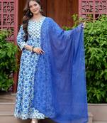 Women cotton printed round nack calf length flared kurta pant and dupatta set