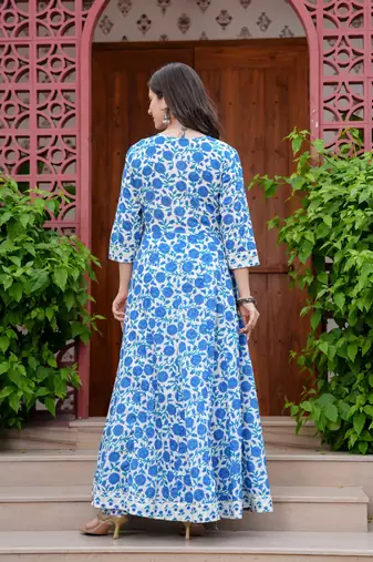 Women cotton printed round nack calf length flared kurta pant and dupatta set