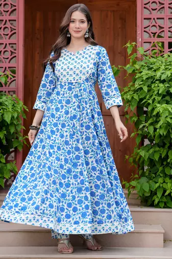 Women cotton printed round nack calf length flared kurta pant and dupatta set