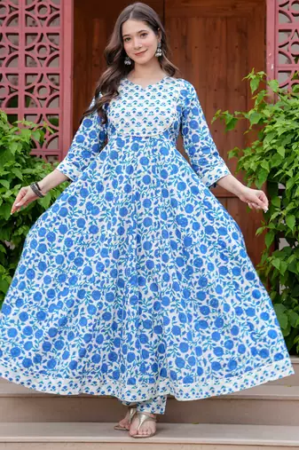 Women cotton printed round nack calf length flared kurta pant and dupatta set