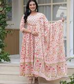 Women cotton printed round nack calf length flared kurta pant and dupatta set