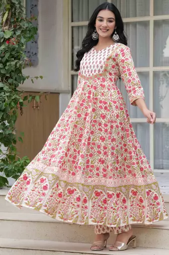 Women cotton printed round nack calf length flared kurta pant and dupatta set