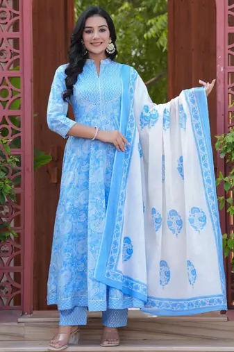 Women cotton printed mandarin collar nack calf length flared kurta pant and dupatta set