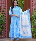 Women cotton printed mandarin collar nack calf length flared kurta pant and dupatta set