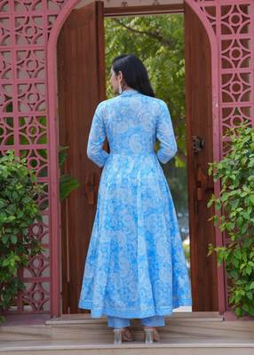 Women cotton printed mandarin collar nack calf length flared kurta pant and dupatta set 2