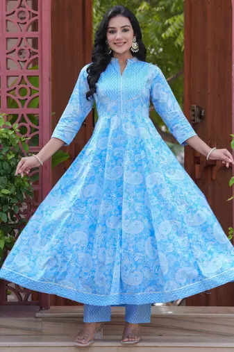 Women cotton printed mandarin collar nack calf length flared kurta pant and dupatta set