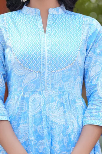 Women cotton printed mandarin collar nack calf length flared kurta pant and dupatta set