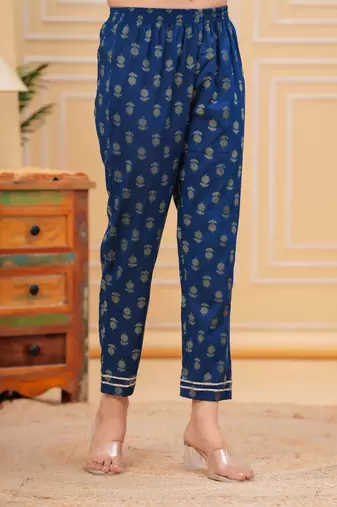 Women cotton printed round nack calf length flared kurta pant and dupatta set