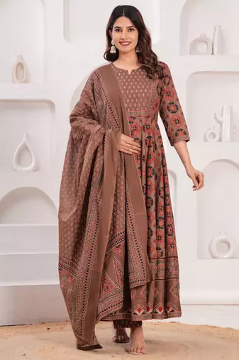 Women cotton printed round nack calf length flared kurta pant and dupatta set