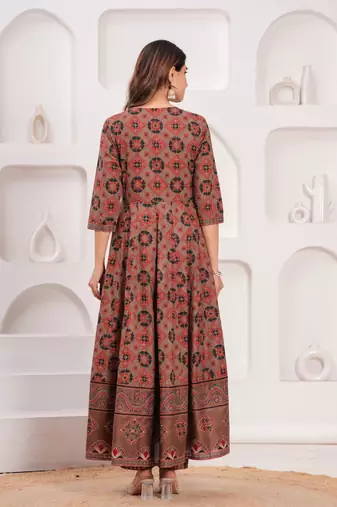 Women cotton printed round nack calf length flared kurta pant and dupatta set