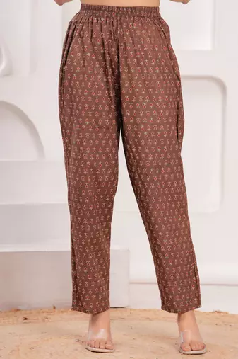 Women cotton printed round nack calf length flared kurta pant and dupatta set