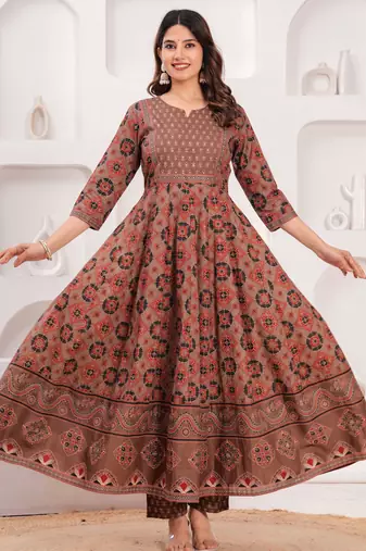 Women cotton printed round nack calf length flared kurta pant and dupatta set