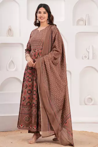 Women cotton printed round nack calf length flared kurta pant and dupatta set