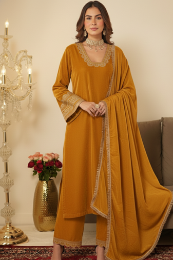 Velvet Yellow Pakistani Style Salwar kameez for Women with Gotta Work