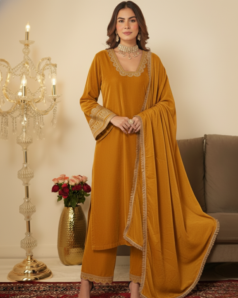 Yellow velvet Embroidered Kurta set
