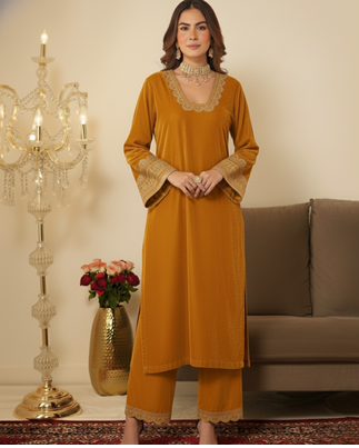 Yellow velvet Embroidered Kurta set 2
