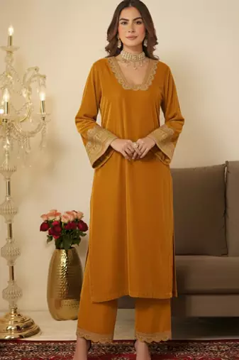 Yellow velvet Embroidered Kurta set