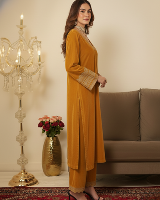 Yellow velvet Embroidered Kurta set 3