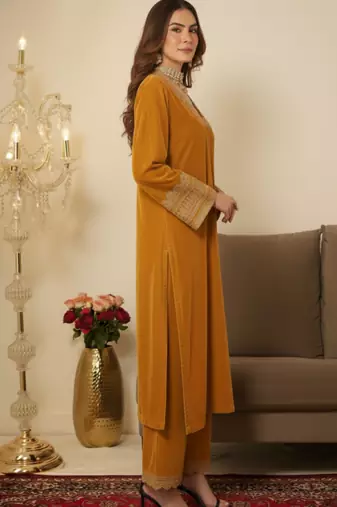 Yellow velvet Embroidered Kurta set
