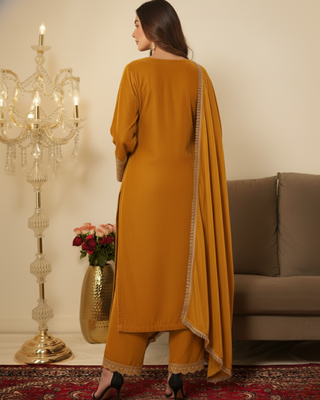 Yellow velvet Embroidered Kurta set 4