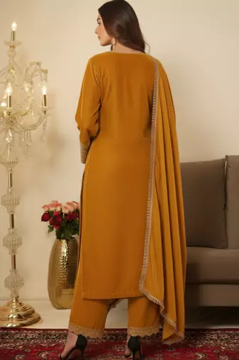 Yellow velvet Embroidered Kurta set