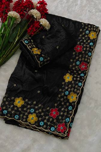 designer chiffon saree with heavy sequins & thread embroidery saree with silk blend blend blouse